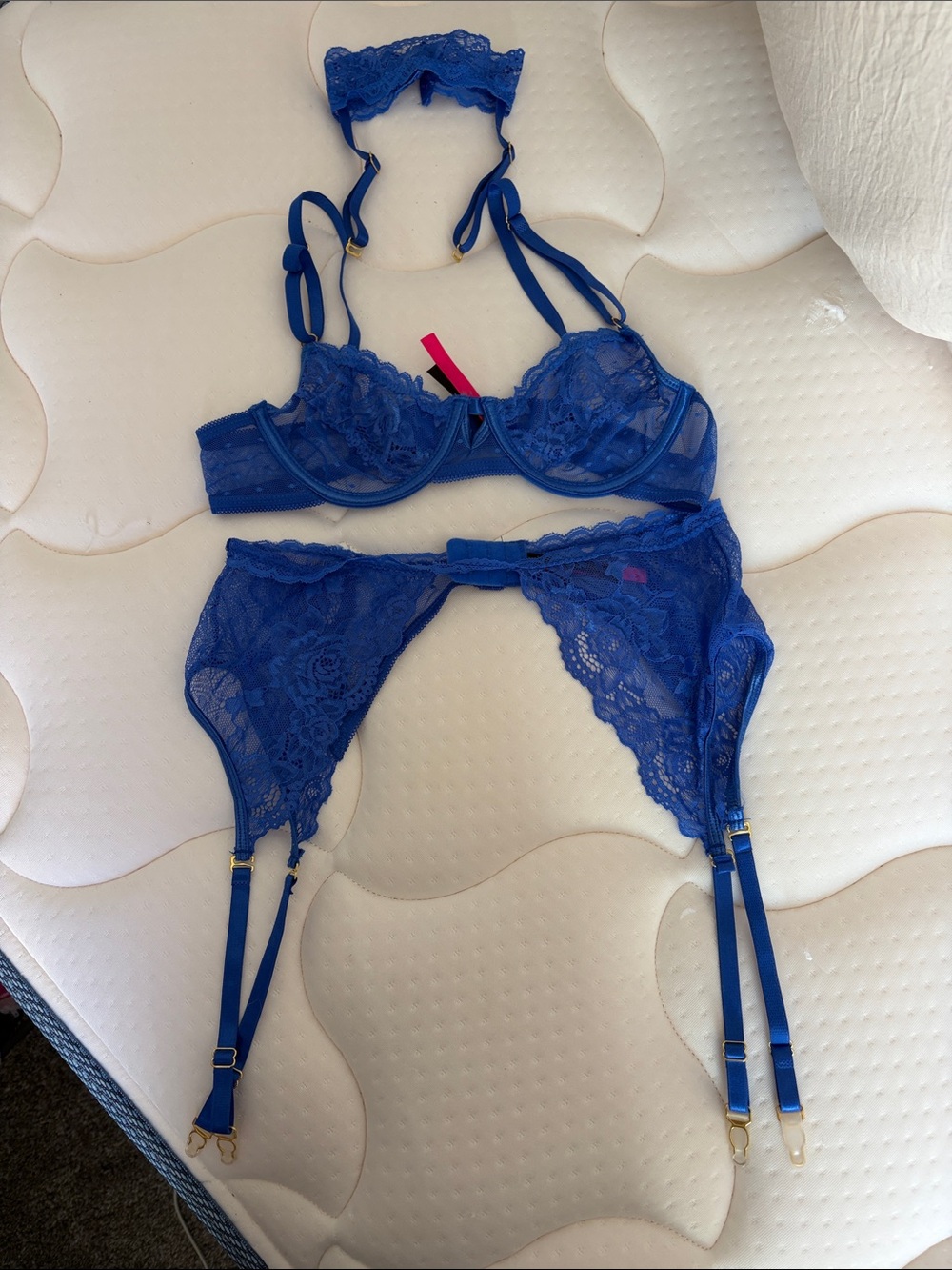 Blue Lace Bra, Panty & Garter Set - Feminine Lace Intimates